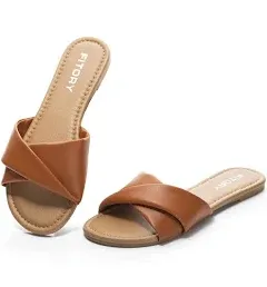 FITORY Women's Flat Sandals Fashion Slides With Soft Leather Slippers for Summer Size 6-11