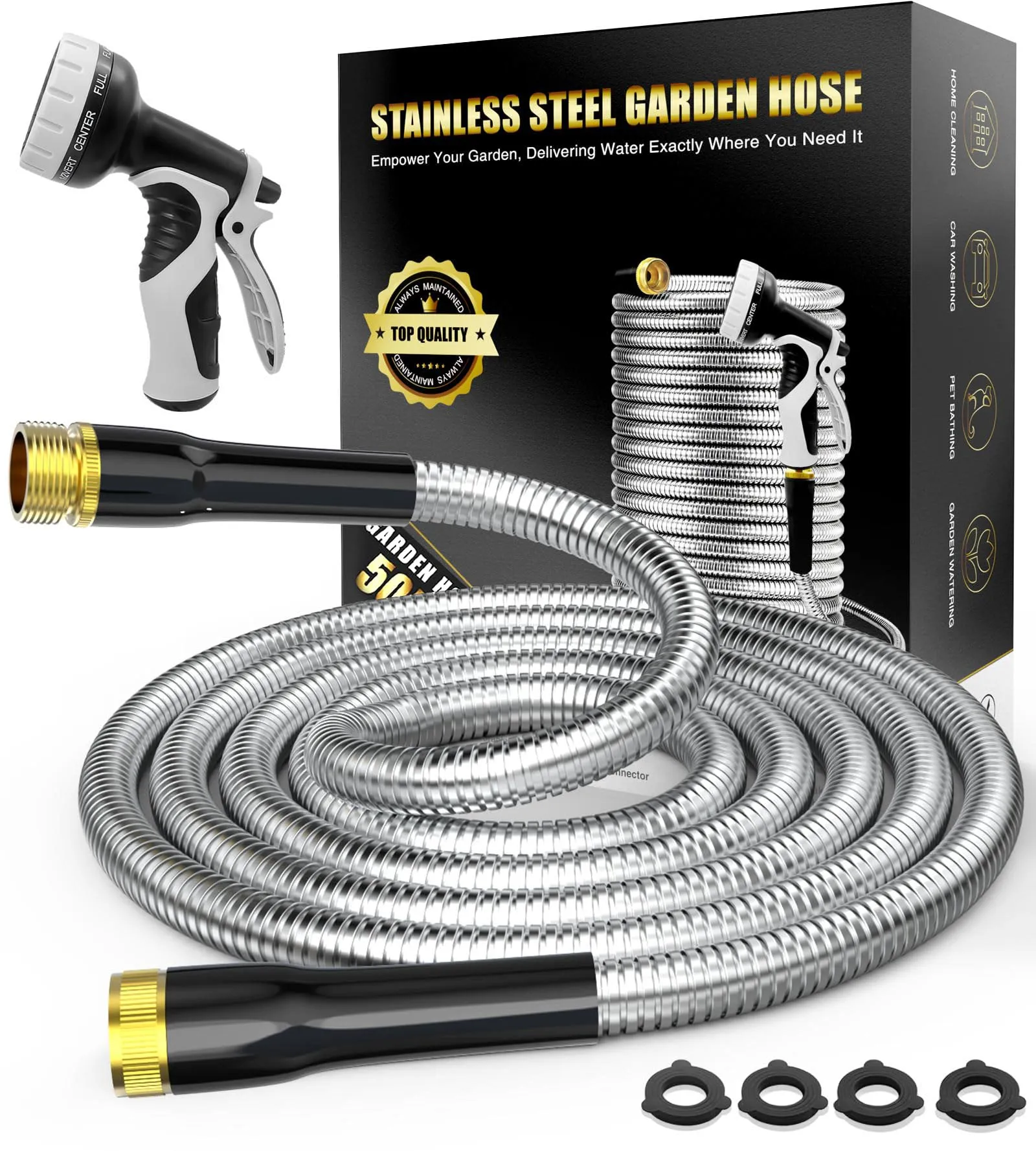 50 Ft Garden Water Hose W/ 10 Function Nozzle Flexible Kink Free Metal Outdoor