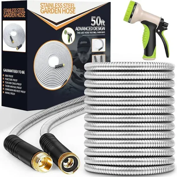 Metal Garden Hose 50Ft, Heavy Duty Stainless Steel Water Hose with 10 Functional