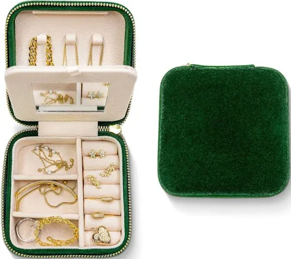 Benevolence  Square Travel Jewelry Organizer Box with Mirror - Green Velvet