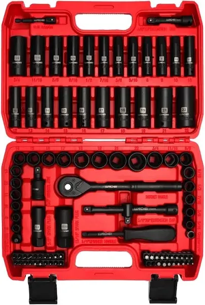 LLNDEI 3/8”Drive Impact Socket Set,Standard SAE(5/16 to 3/4-Inch) Metric Size(8-22mm), 95 Piece, CR-V Steel Deep&Shallow Kit, Adapters, Ratchet Handle, Screwdriver Bit Set, Spark Plug Socket, 6 Point