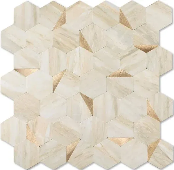 10-Sheet Hexagon Peel and Stick Backsplash Tile,12.2x11.3<wbr/>4 inches Beige Marbl...