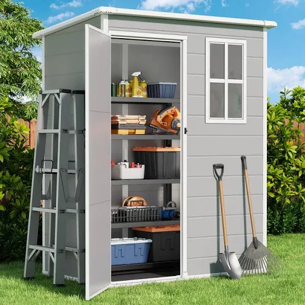 Gizoon Outdoor Resin Storage Shed 5x3 FT, Plastic Garden Shed with Floor for Tool, Garbage Can, Bike, Outside Sheds & Outdoor Resin Shed with Lockable Door for Patio, Lawn, Backyard, Grey & White