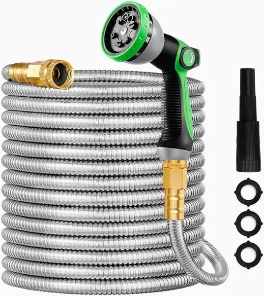 Garden Hose 50 FT Metal Stainless Steel Water Hose with 10 Function Nozzles, USA