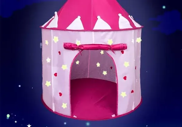 Pink Princess Castle Tent GLOW IN THE DARK STARS - Portable Play Tent For Girls