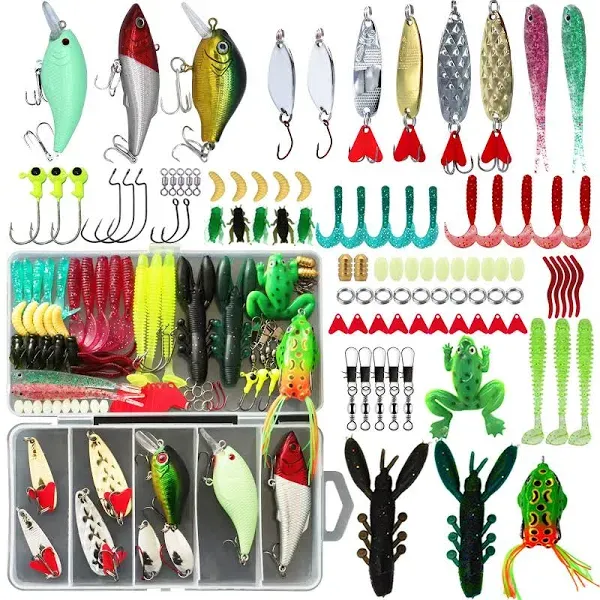 LASOCUHOO Fishing Lures Kit, Spoon Lures, Soft Plastic Worms, Frog Lures, Bait Tackle Kit for Bass, Trout, Salmon for Freshwater and Saltwater