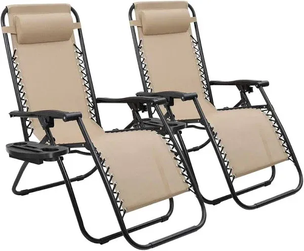 Set of 2 Zero Gravity Outdoor Lounge Chairs w/Cup Holder with Mobile Device Slot Adjustable Folding Patio Reclining Chairs W/Snack Tray + Phone Holder