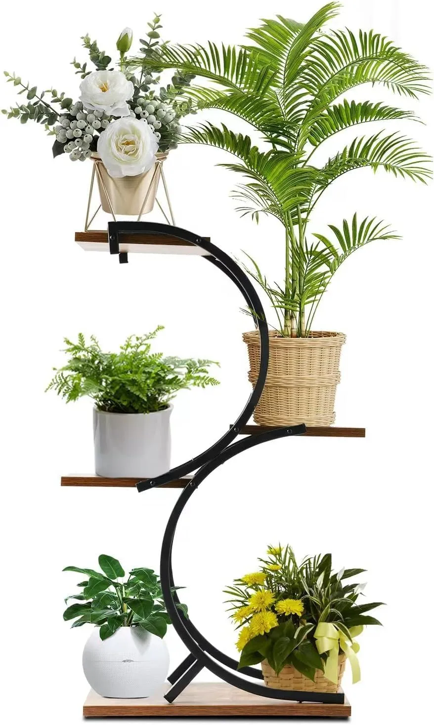 Plant Stand Indoor 4-Tier wrought iron Green Plant Stand Use Office Home Décor, Wood(S style)