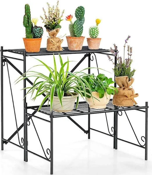 Indoor &amp; Outdoor Flower Pot Display Holder 2-Tier Stair Style Metal Plant Stand