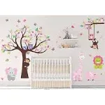 Dekosh Kids Pink Jungle Theme Peel & Stick Girl Nursery Wall Decal, Colorful Owl Giraffe Lion Tree Decorative Sticker for Baby Bedroom, Playroom