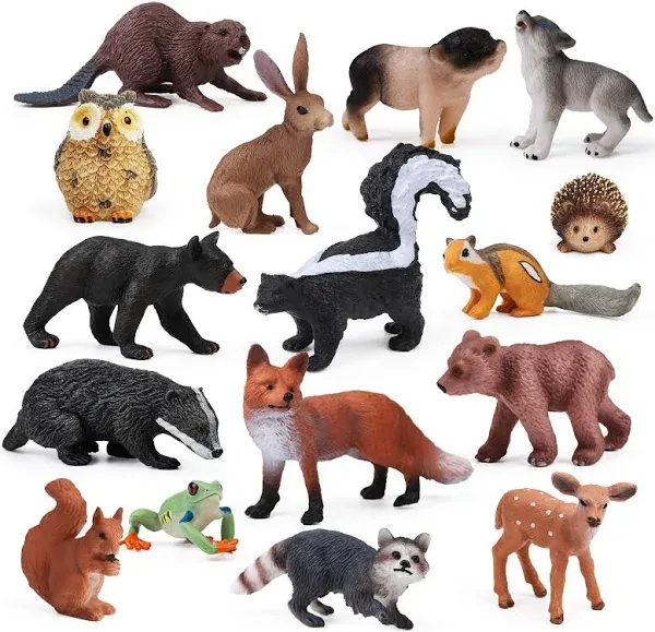 16pcs Forest Animals Baby Figures, Woodland Creatures Figurines, Miniature Toys Cake Toppers Cupcake Toppers Birthday Gift for Kids