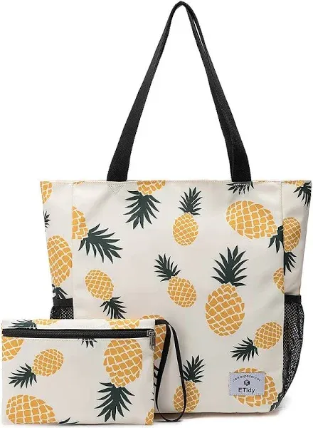 ETidy Large Capacity Foldable Tote Bag With Zipper Yellow Pineapple 