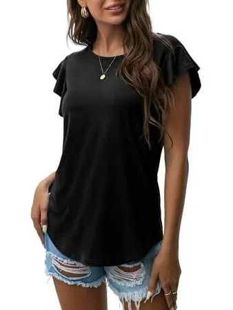 PrinStory Women's Tops Summer Casual Ruffle Short Sleeves Knit Shirts Round Neck Tunic Top For Women 2024 Fashion Trend