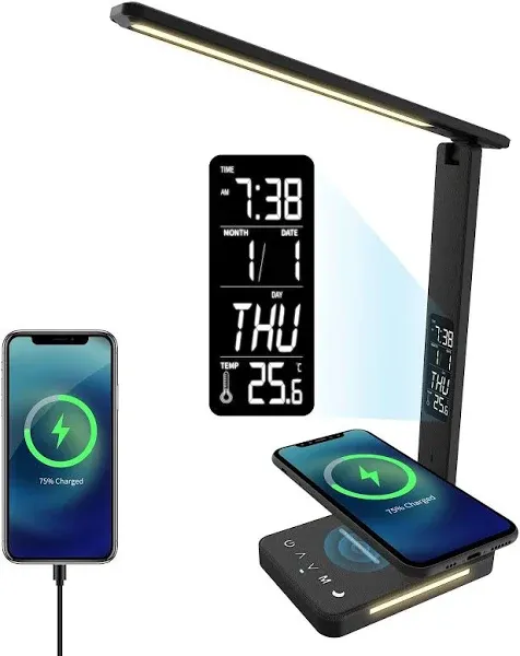 Modern LED Desk Lamp with Wireless Charger and Digital Alarm Clock in Black