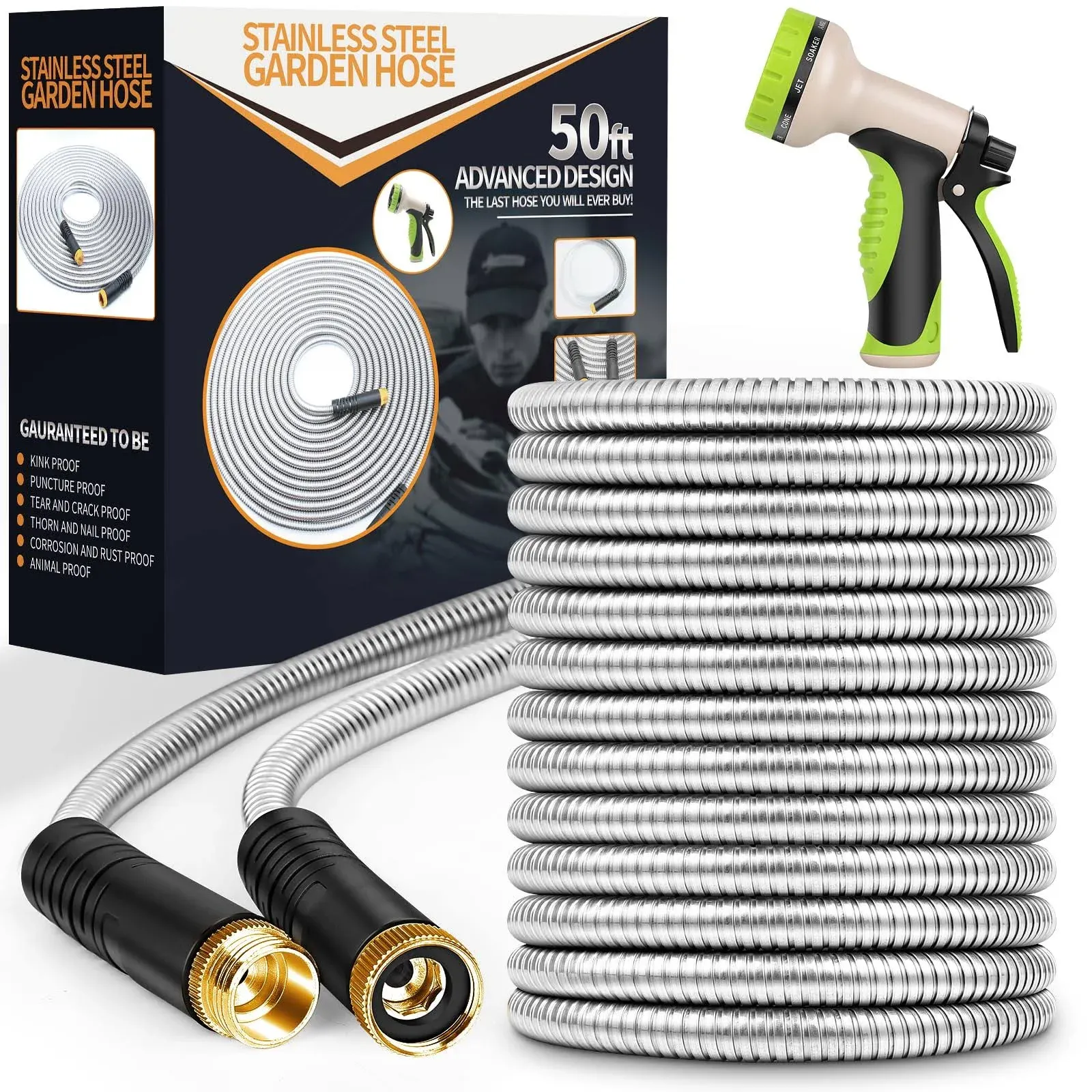 Itsonestep Garden Hose 50 ft, Metal Stainless Steel Water Hose with 10 Function Nozzles