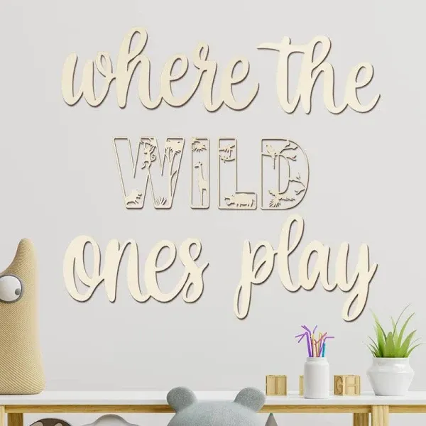 Where The Wild Ones Play Sign Wooden Playroom Wall Decor, Wood Wall Art Decoration for Boys and Girls Toy Room Nursery, Toddler Room Bedroom, Jungle Theme Playroom Word Sign Decor 8 pcs Set