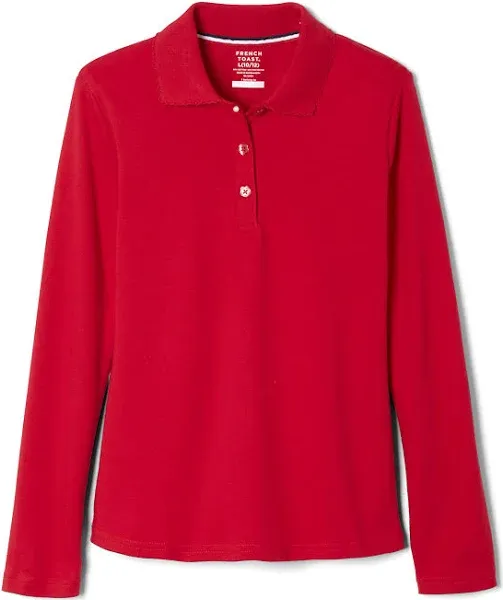 French Toast Girls School Uniform Long Sleeve Picot Collar Interlock Polo Shirt, Sizes 4-20 & Plus