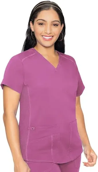 Med Couture V-Neck Scrub Top for Women with 4 Pockets, Rib-Knit Side Panel, and Shirttail Hem MC7459