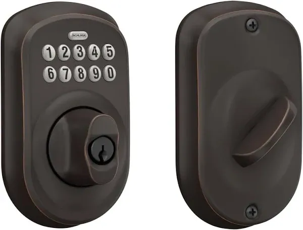 Schlage FE285 Ply 716 Fla LH , Plymouth Aged Bronze Left-Hand Handleset Less Deadbolt with Flair Interior Lever