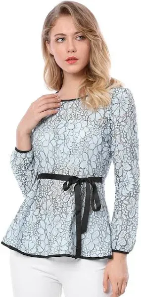 Allegra K Women's Elegant Tie Waist Long Sleeve Top Lace Peplum Blouses