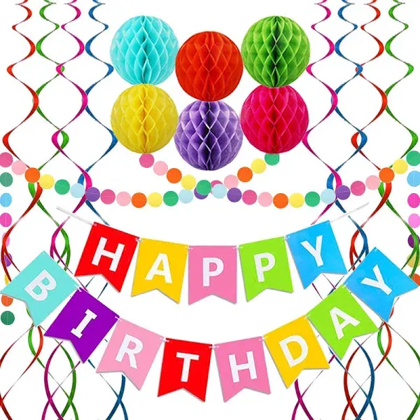 Birthday Decorations with Rainbow Birthday Banner 8 Metallic Hanging Swirls 6 Honeycomb Balls Circle Paper Garland Colorful Pennant Banner Birthday Party Supplies