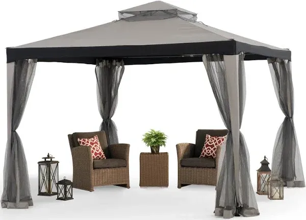 Sunjoy 10 x 10 ft. Soft Top Gazebo, Outdoor Patio Backyard Modern Grey 2-Tier Steel Frame Gazebo with Mesh Netting