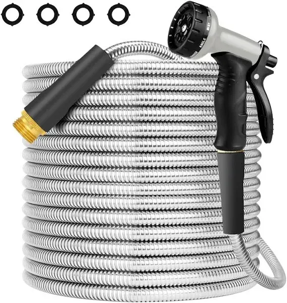 50ft Metal Garden Hose with 10 Function Nozzle Kink Free Flexible Lightweight