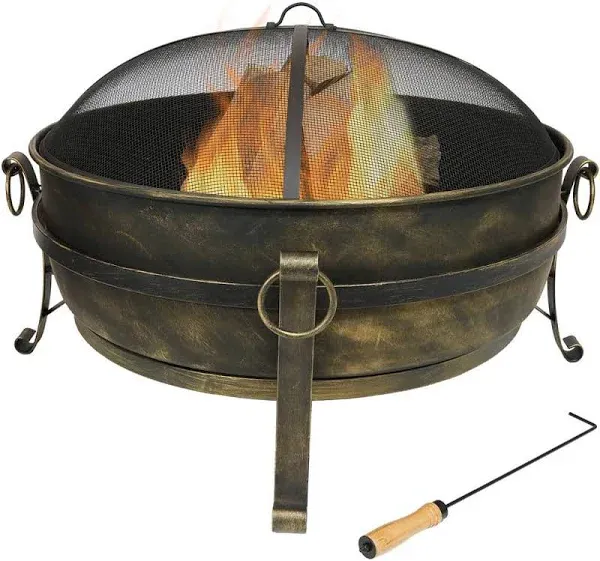 Camping or Backyard Round Cauldron Fire Pit with Spark Screen, Log Pok