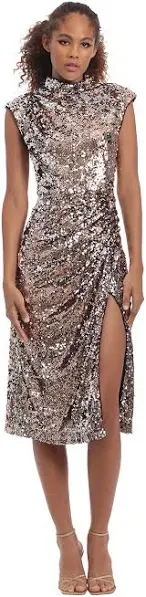 Donna Morgan Women's Sequin Mock Neck Midi Dress with Slit