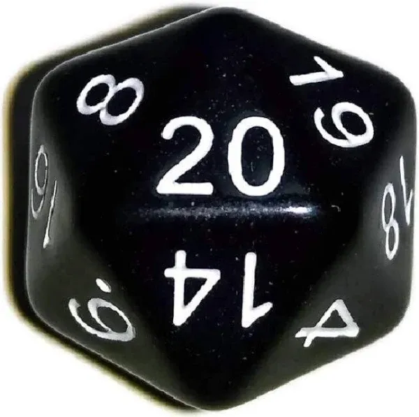 Black with White Numbers d20 Initiative Advantage Die for Role-Playing Games. 20 Sided RPG Dice