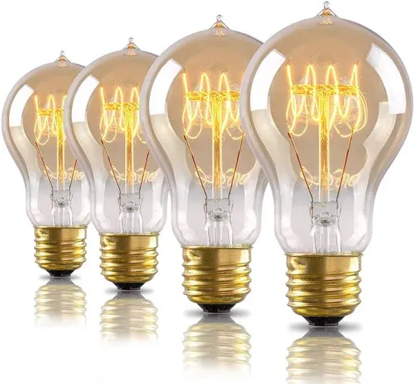 4-Pack Edison Light Bulb, 60 Watts, A19 Vintage Incandescent Light Bulbs, Dimmable Old Fashioned E26 Incandescent Light Bulbs, 240 Lumens, 2100K Warm White, Amber Glass