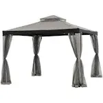 Sunjoy 10 x 10 ft. Soft Top Gazebo, Outdoor Patio Backyard Modern Grey 2-Tier Steel Frame Gazebo with Mesh Netting