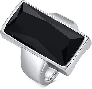 Vnox Vintage Fashion Stainless Steel Rectangular Black Glass Crystal Cocktail Statement Onyx Ring