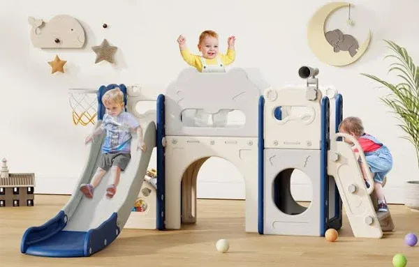 Toddler Slide, 8 in 1 Kids Slide with Basketball Hoop, Telescope and White&amp;gray