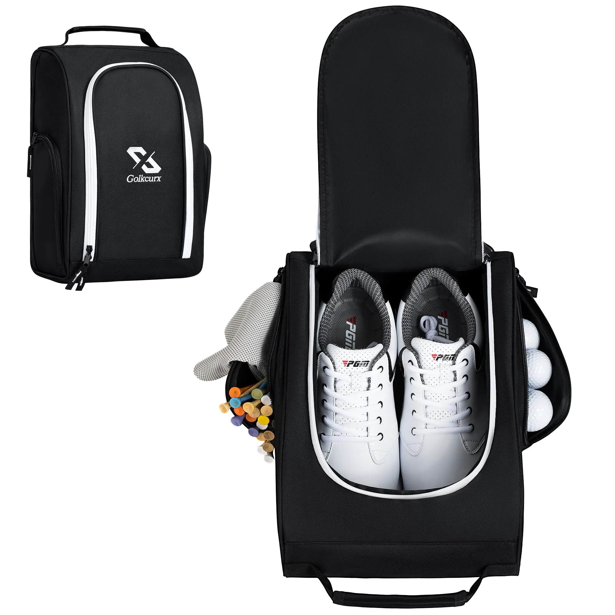 Golkcurx Golf Shoe Bag for Travel Zippered Sport Shoe Carrier Bags with Side Accessory Pockets for Socks