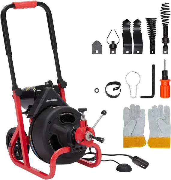 100ft x 3/8 inch Drain Cleaner Machine 370w, Auto-Feed Electric Drain Auger with 6 Cutters, Glove, Drain Auger Cleaner Sewer Snake