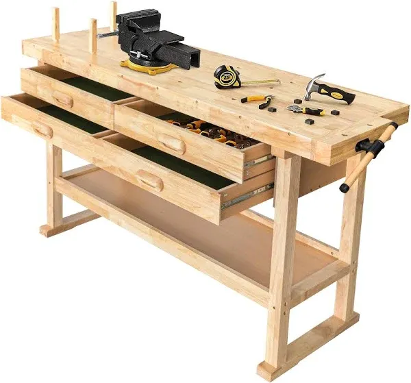 Olympia Tools 60-Inch Wooden Workbench - Rubberwood Workbench with 4-Drawer, ...