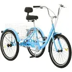 24&#034; Adult Tricycle, 3-Wheel Carbon Steel Cruiser Bike w/ Basket, Blue