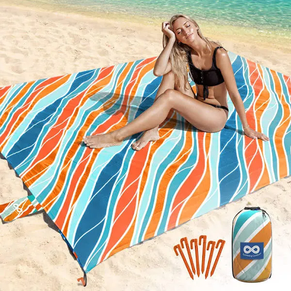 Everlasting Comfort Beach Blanket Waterproof Sandproof - Large Oversized Beach Mat for 10 People w/Stakes