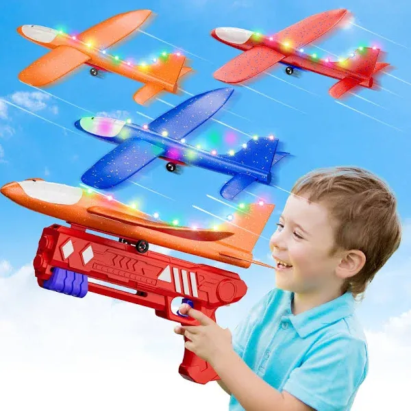 Aiencsai 3 Pack Airplane Launcher Toy, 12.6" Foam Glider LED Plane, 2 Flight Mode Catapult Plane for Kids Outdoor Sport Flying Toys Gifts for 4 5 6 7