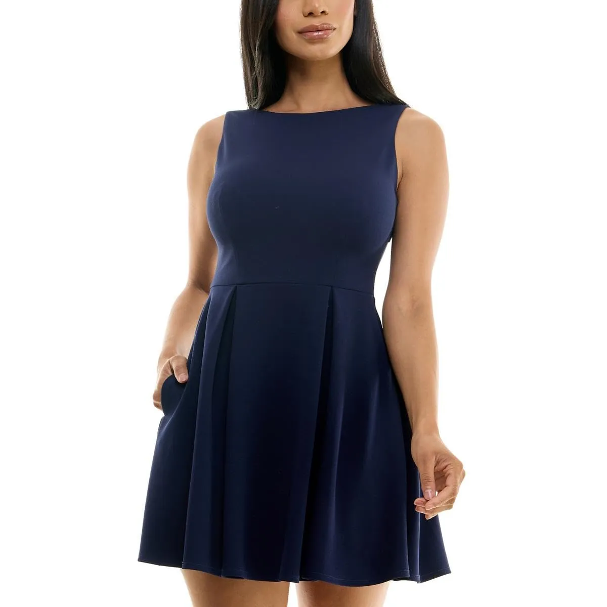 Bee Darlin Womens Juniors Party Mini Fit & Flare Dress, Navy, 3/4