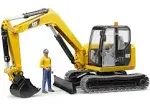 Bruder CAT Mini Excavator Construction Digger Toy with Worker, 1:16 Scale, Realistic Working Parts