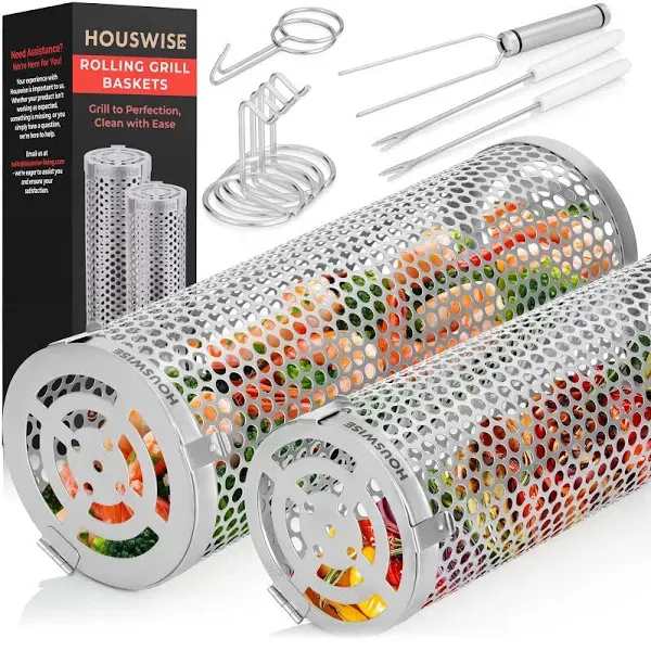 Rolling Grill Baskets For Outdoor Grill For Vegetable, Fish - BBQ Rolling Grilling Basket, Accessories Grilling Gifts For Men Unique, Fathers Day Mens Birthday Gift Ideas For Dad Who Have Everything