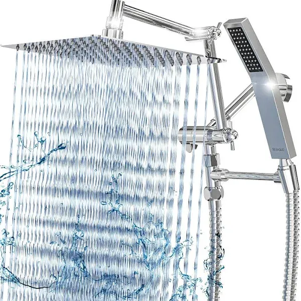 ALL METAL 3 Settings Rain Shower Head with Handheld Spray, High Pressure 10 Inch Rainfall Shower Head and Handheld Combo, 13 Inch Adjustable Extra Long Extension Arms, Extra-Long Bracket & 6.5ft Hose