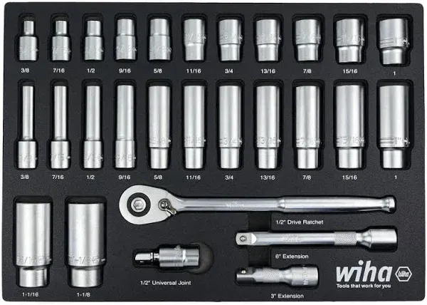 Wiha 33896 28 Piece 1/2&#034; Drive Professional Standard and Deep Socket Tray Set