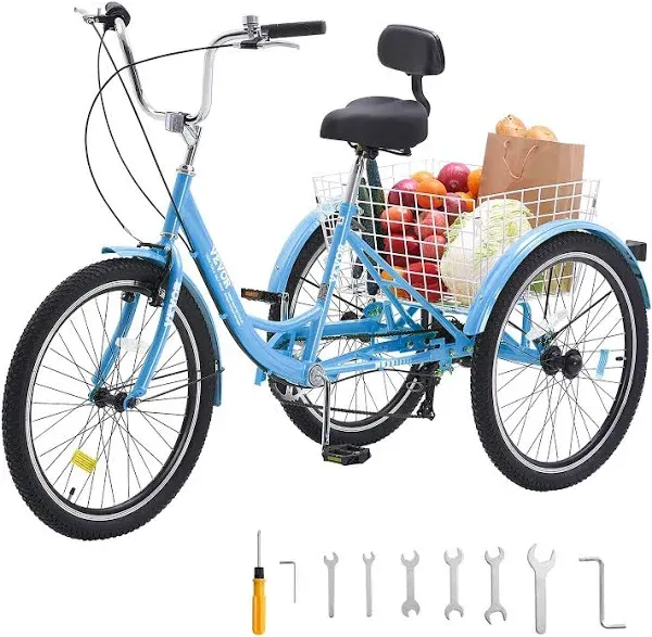 VEVOR 24&#034; Adult Tricycles Bike 3 Wheel Trike Bicycle 7 Speed Carbon Steel Blue