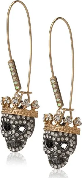 Betsey Johnson Pave Crystal Skull Long Drop Earrings