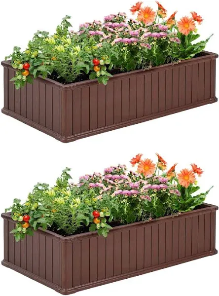 2PCS Raised Garden Beds Outdoor, Extra Thick Plastic Planter Box for Outdoor Plants, Rectangular Flower Garden Beds with Metal Stakes, Puppy Whelping Box for Small Dogs Birthing, Earthy Brown