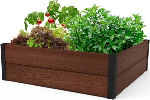 Keter 48" X 48" inches Wood Look Raised Garden Bed, Durable Outdoor Herb Garden Planter for Vegetables, Flowers, and Succulents, Brown