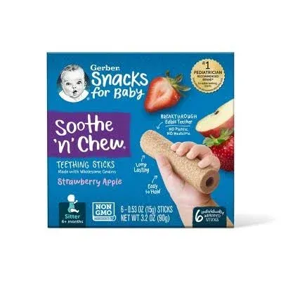 Gerber Soothe 'N' Chew Strawberry Apple Teething Sticks 6+ Months Snacks For Baby (3.2 oz)